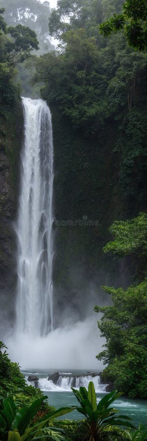 Cascada de jungla envuelta en la bruma con vegetación exuberante por todos lados ilustración del vector