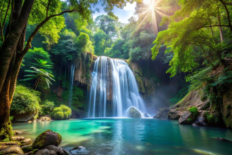 Cascada tropical en una densa jungla stock de ilustración
