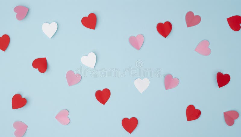 A Cascade of Hearts. Red, White, and Pink Paper Cutouts on Light Blue. stock photos