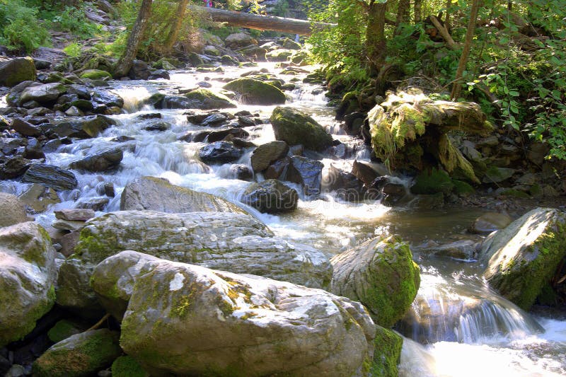 Cascade Of Waterfalls On A Small Mountain River In The Forest Stock