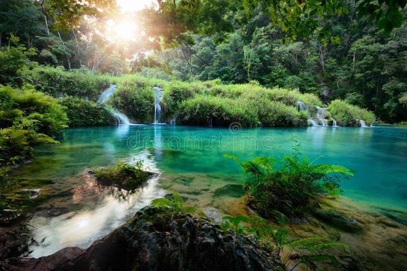 Cascades National Park in Guatemala Semuc Champey at sunset.