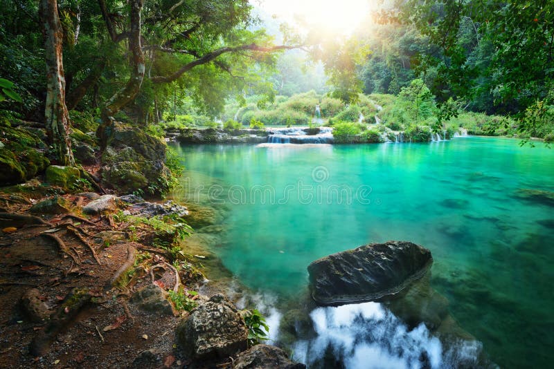 Cascades National Park in Guatemala Semuc Champey at sunset.