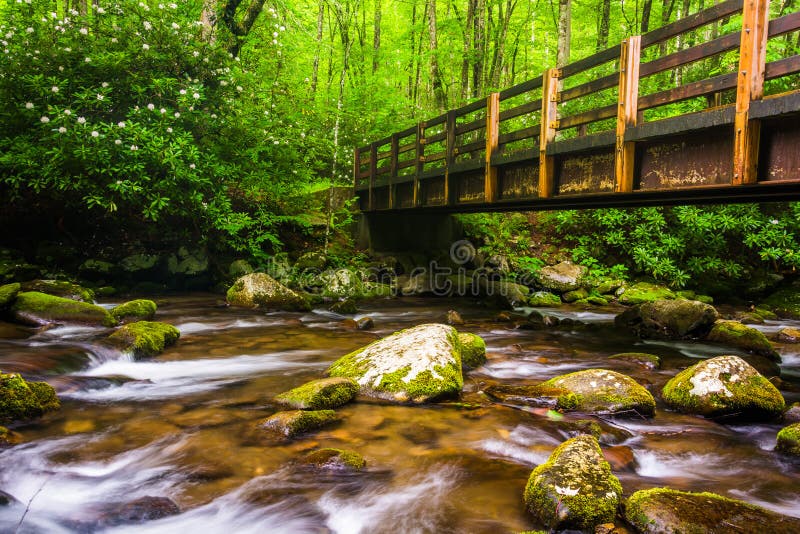 Cascades and walking bridge over the Oconaluftee River royalty free stock images Cascades and walking bridge over the Oconaluftee River royalty free stock images
