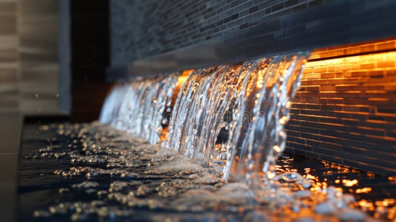 The cascading waterfall creates a stunning visual effect complementing the sleek design of the fireplace. 2d flat royalty free stock photo