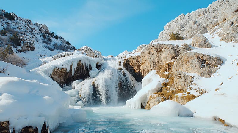 Cascata surgelata circondata da montagne di neve royalty illustrazione gratis
