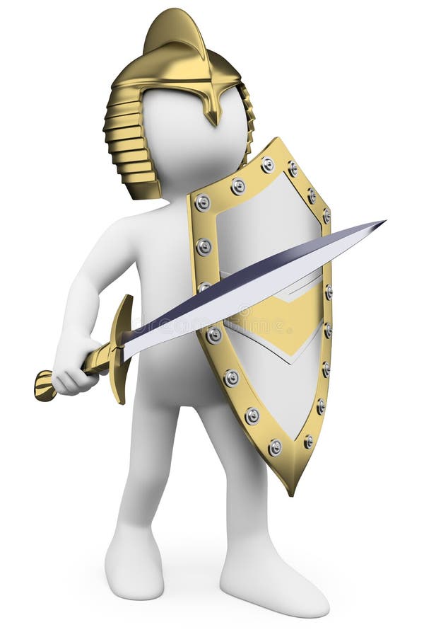 gente bianca 3D. Cavaliere con il casco e lo schermo della spada illustrazione di stock gente bianca 3D. Cavaliere con il casco e lo schermo della spada illustrazione di stock