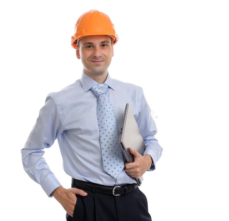 Casco que lleva del arquitecto de sexo masculino joven foto de archivo Casco que lleva del arquitecto de sexo masculino joven foto de archivo