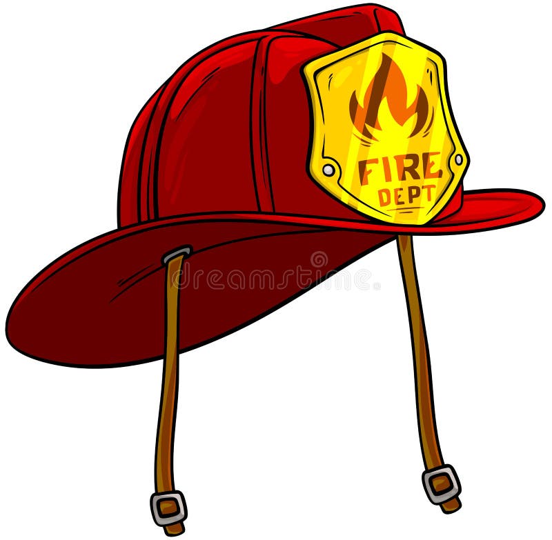 Casco rosso del pompiere del fumetto con il distintivo dorato illustrazione vettoriale