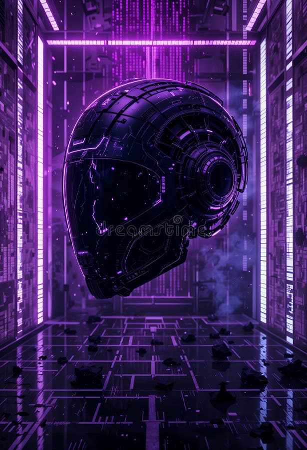Cască cibernetică aprinsă în futurist în setarea cibernetică royalty free illustration