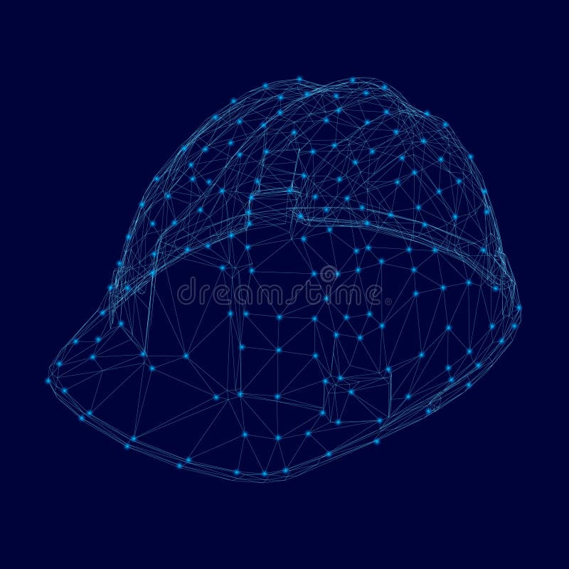 Cască de construcție din fire, cu linii albastre, cu lumini luminoase pe fond întunecat. vizualizare izometrică. vector stock illustration