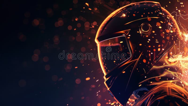 Cască de motociclist futuristă cu scântei și fond întunecat. Național stock illustration