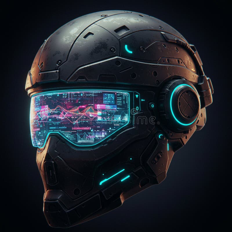 Cască futuristă cu un design negru elegant, cu un vizor curbat mare care afișează stock illustration