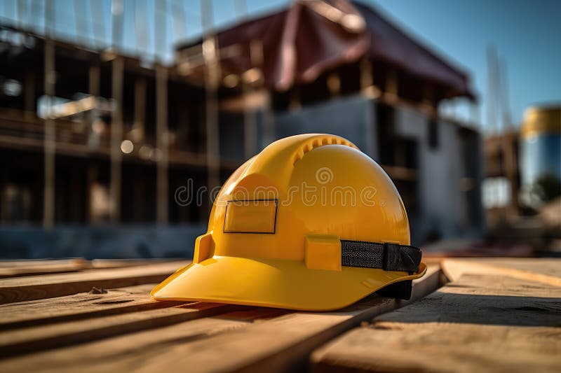 Cască galbenă pentru construcții pe fundalul unei case în construcție. tehnologie AI generatoare royalty free illustration