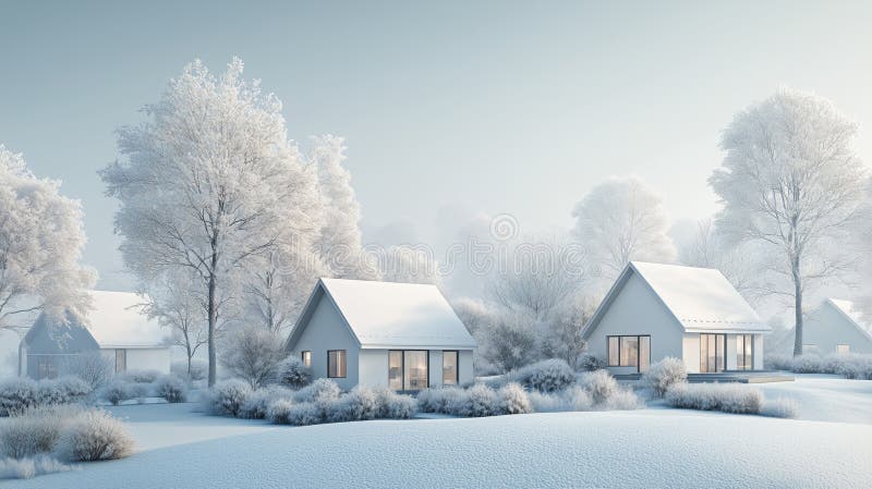 Case coperte di neve annidate in un sereno paesaggio invernale durante la luce del mattino presto immagine stock libera da diritti