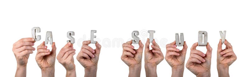 Case Study Concept Displayed With Hands Holding Concrete Letters On White Background stock photography