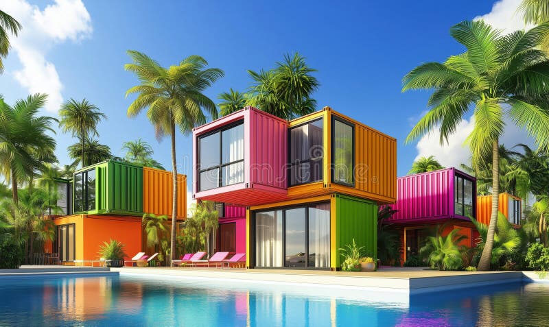 Case vibrante pentru containere colorate, înconjurate de palmieri tropicali luxurianți și de o piscină spumantă stock photography