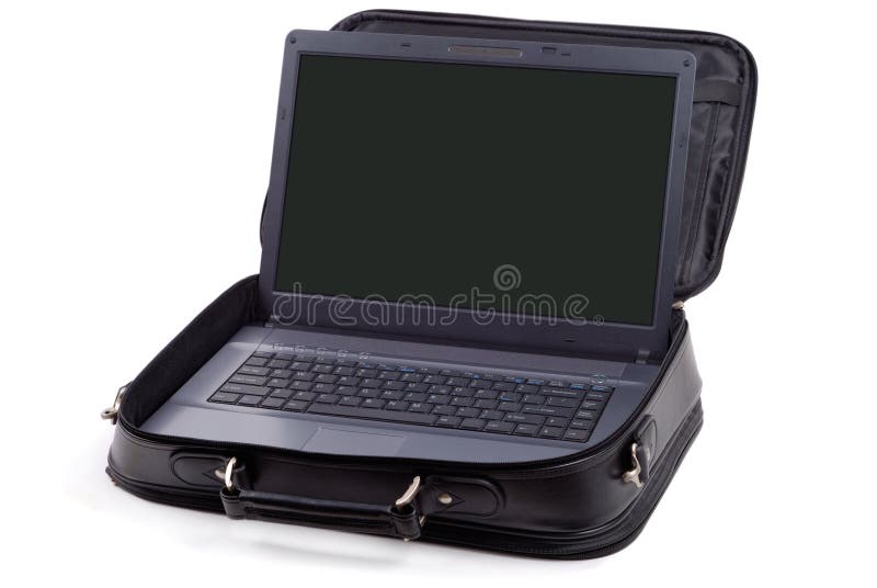 Black leather briefcase with modern laptop isolated over white background. Black leather briefcase with modern laptop isolated over white background