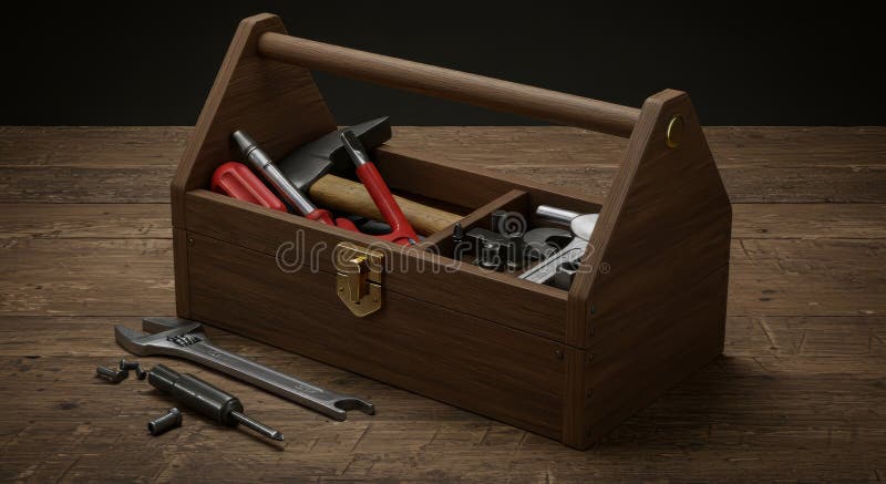 Casella degli strumenti di legno riempita con utensili su una superficie di legno di ferro illustrazione vettoriale