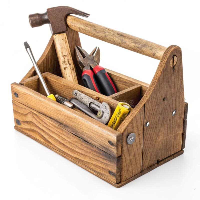 Casella degli strumenti in legno di piccole dimensioni riempita di vari utensili isolati su fondo bianco illustrazione di stock