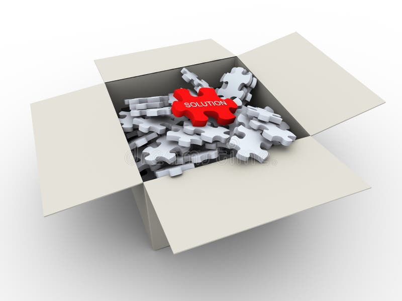 3d render of puzzle pieces box with unique red solution piece on top. 3d render of puzzle pieces box with unique red solution piece on top.