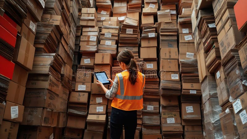 Caselle di cartone impilate per l'ispezione dei lavoratori warehouse illustrazione di stock
