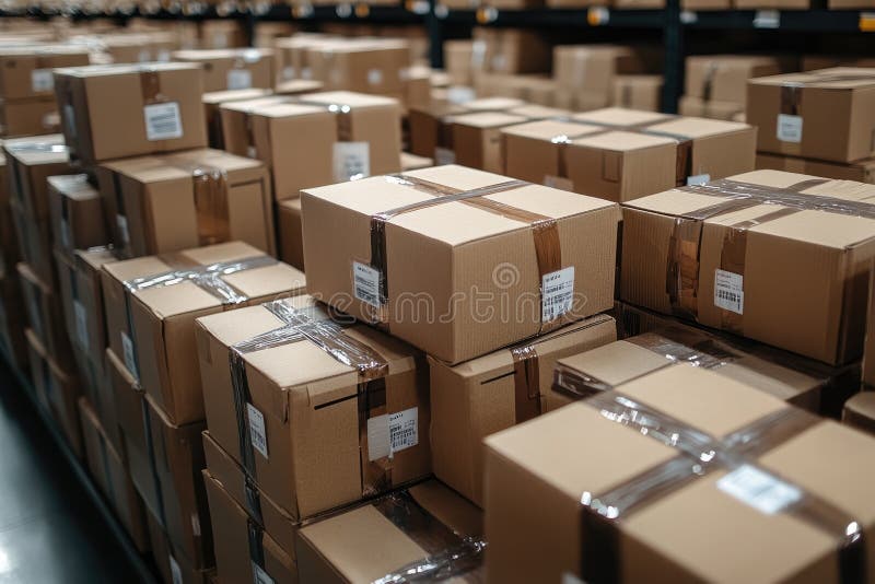 Caselle di cartone in pila in magazzino warehouse illustrazione vettoriale