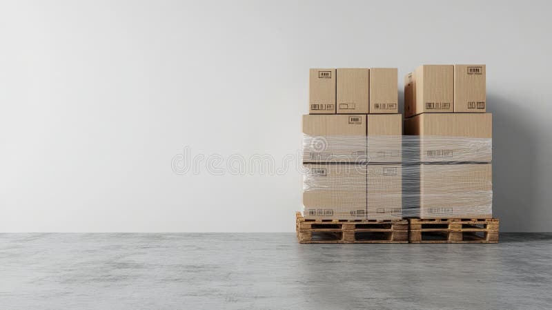 Caselle di cartone in pila su pallet in un magazzino illustrazione di stock