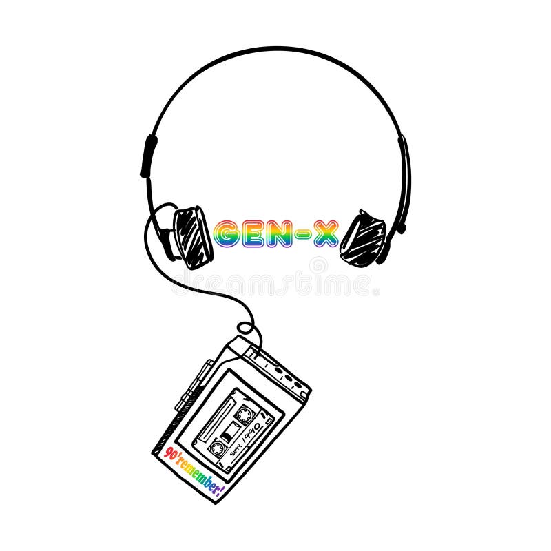 Casetă dispozitiv retro pentru redare audio și căști de la 80 și 90 stock illustration