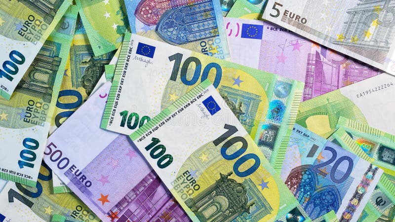 Cash euro bills of different denominations. Banknotes in 500, 100, 20 and 5 euro euro. Color background of money. Economics and