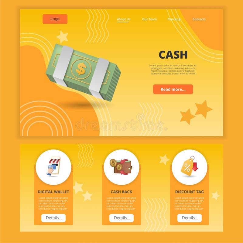 Cash Flat Landing Page Website Template. Digital Wallet, Cash Back