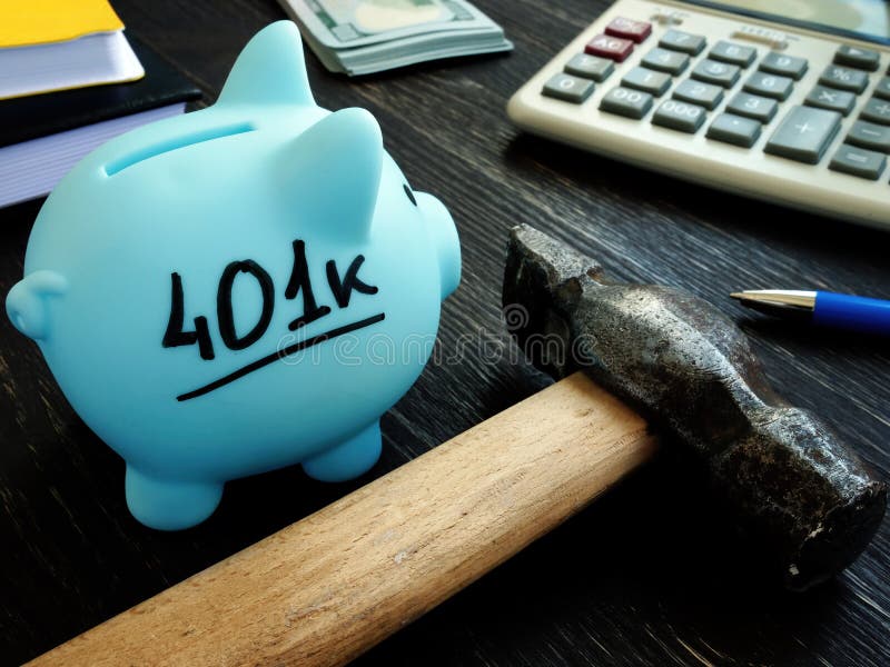 Cash out 401k retirement plan. Hummer and piggy bank.
