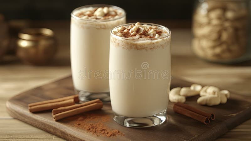 Cashew milk latte with cinnamon.. stock photo