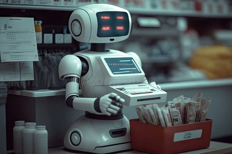 Cashier robot, checking out customer&#x27;s purchases and processing payment royalty free illustration