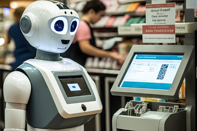 Cashier robot, checking out customer& x27;s purchases and processing payment stock illustration