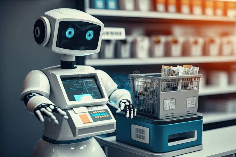 Cashier robot, checking out customer&#x27;s purchases and processing payment royalty free illustration