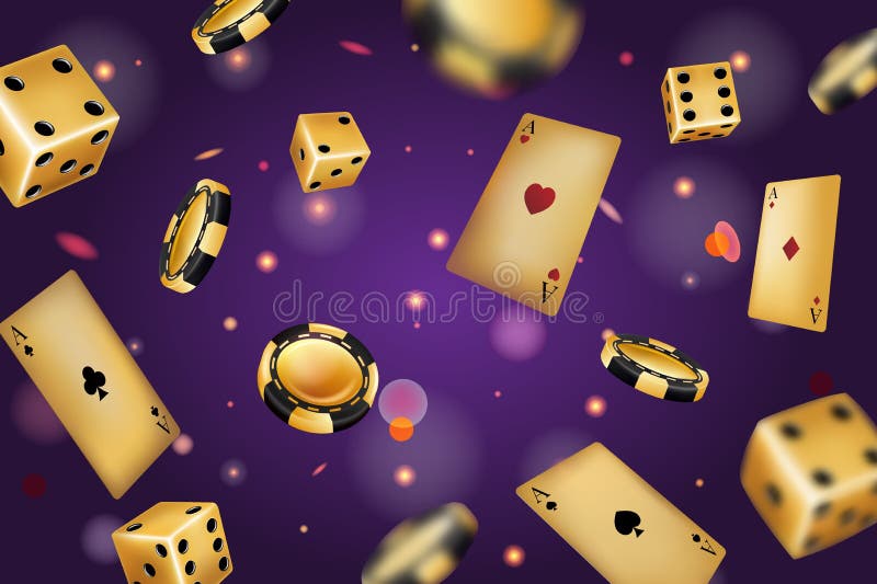 Casino background. Golden poker chips. Black playing cards. Throw gambling dices. Falling money in gamble game. Gold bet