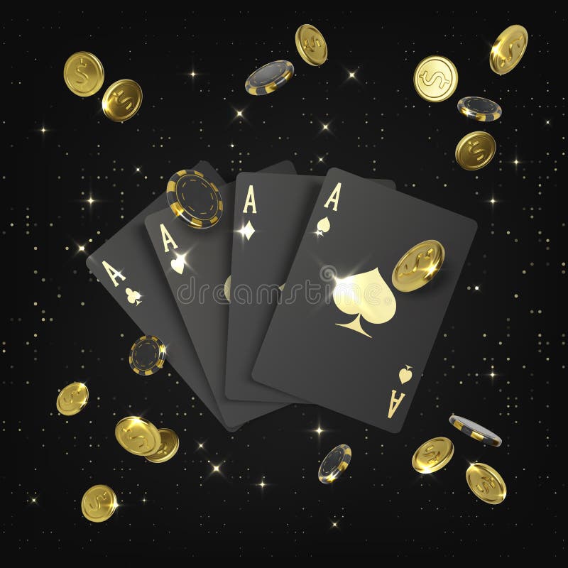 Casino big win poster. Black 3d playing cards aces and falling golden coin and poker chips. Design element for gambling banner.