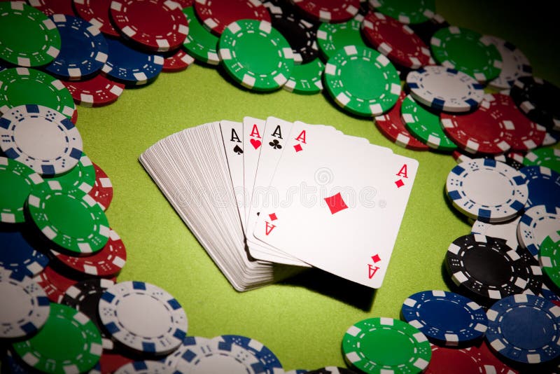 Casino cards and chips closeup in pointed light