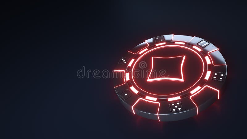 Casino Chip diamonds Concept with glowing neon red lights and Dice dots isolated on the black background - 3D Illustration