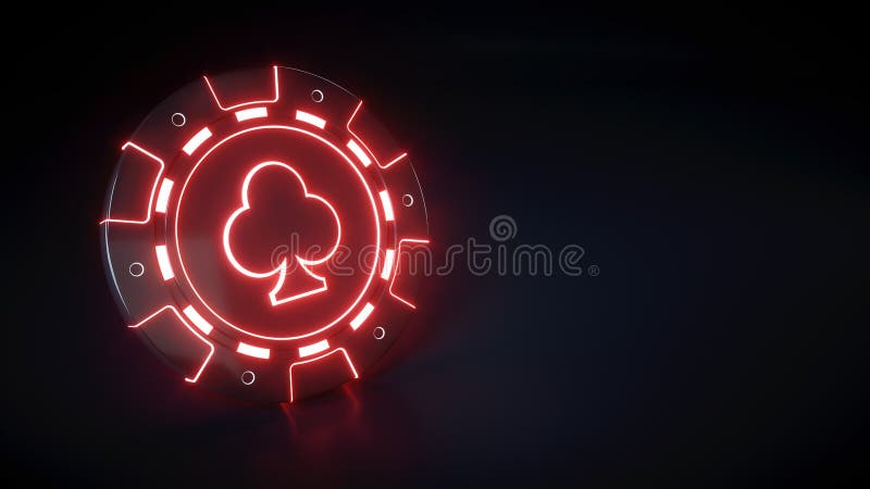 Casino Chip with glowing neon red lights and clubs symbol isolated on the black background - 3D Illustration