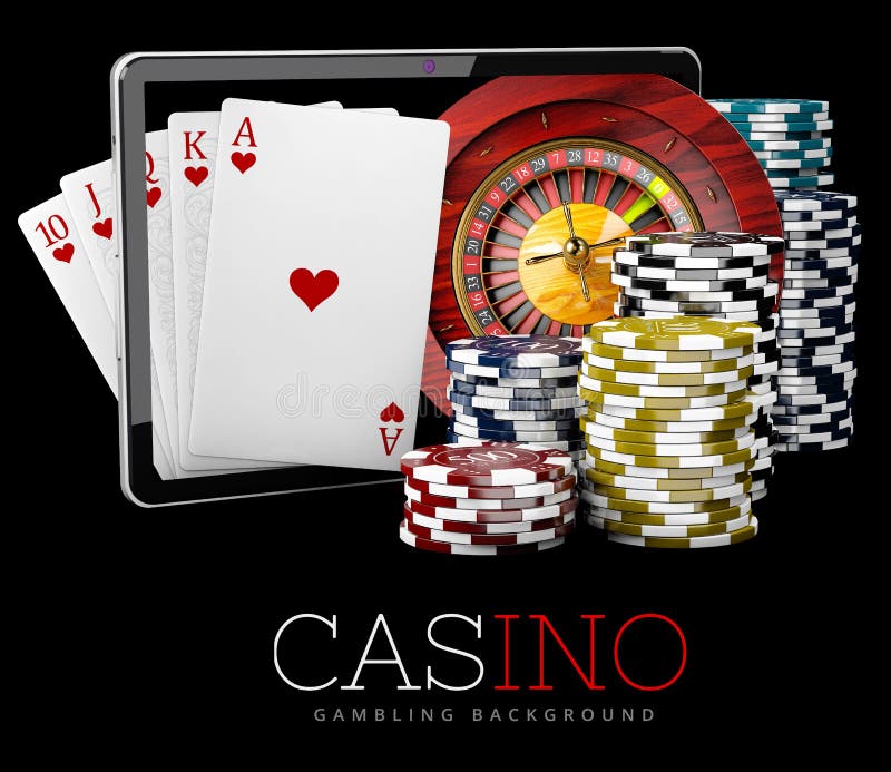 Casino Chips with Tablet, Online Casino Concept, 3d Illustration of
