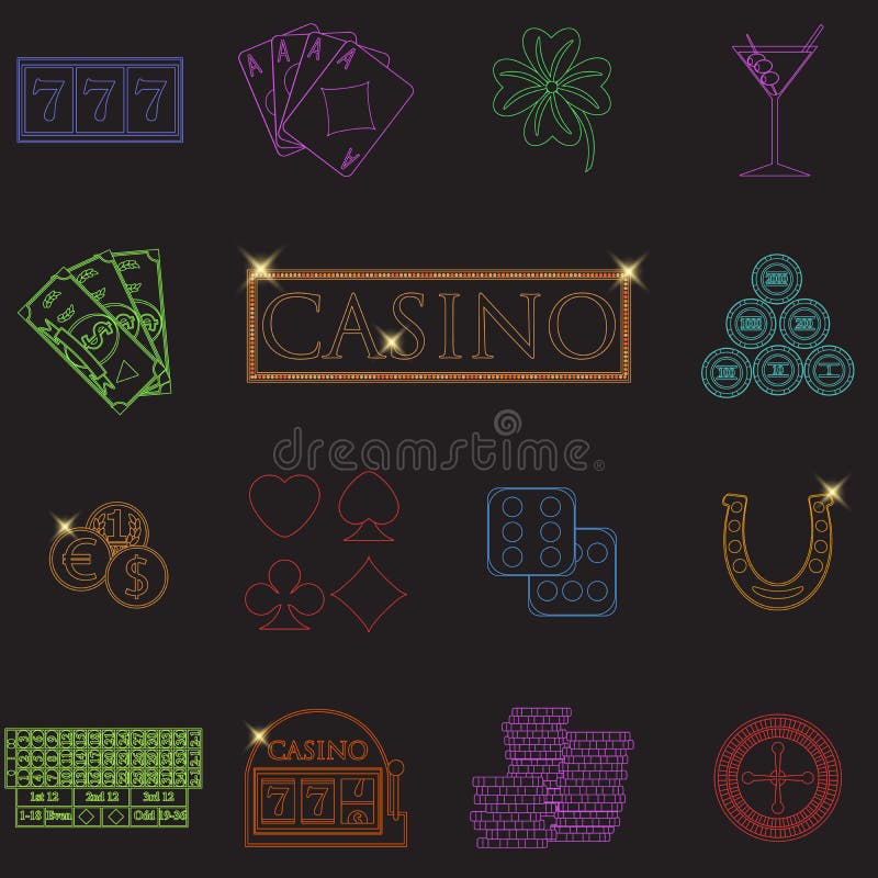 Casino en het gokken de lijnpictogrammen met gokautomaat en roulette, spaanders, pookkaarten, geld worden geplaatst, dobbelen, mu stock illustratie Casino en het gokken de lijnpictogrammen met gokautomaat en roulette, spaanders, pookkaarten, geld worden geplaatst, dobbelen, mu stock illustratie
