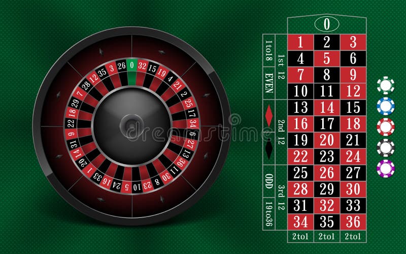 Casino Gambling background design with realistic Roulette Wheel and Casino Chips. Roulette table isolated on green