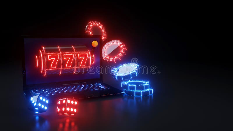 Casino Gambling Chips and Laptop Concept With Glowing Neon Lights - 3D Illustration
