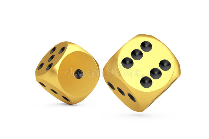 Casino Gambling Concept. Gold Game Dice Cubes in Flight on a white background. 3d Rendering. Casino Gambling Concept. Gold Game Dice Cubes in Flight on a white background. 3d Rendering