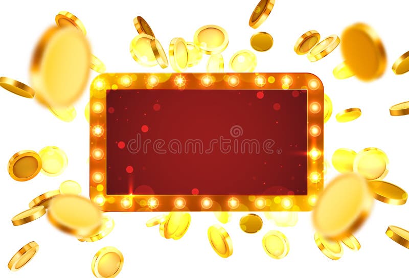 Casino lamp frame with gold realistic 3d coins background. vector illustration