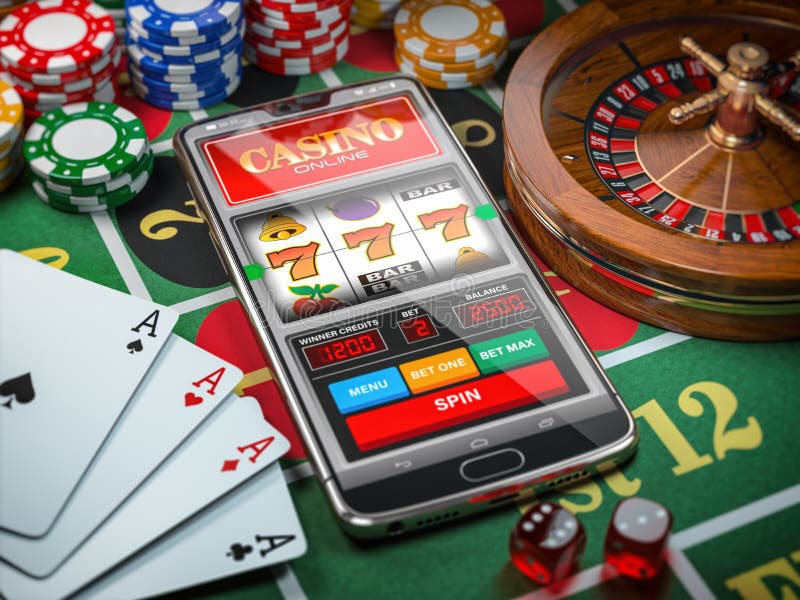 Casino Online. Smartphone or Mobile Phone, Slot Machine, Dice, Cards and Roulette on a Green Table in Casino Stock Illustration - Illustration of casino, chips: 147364392