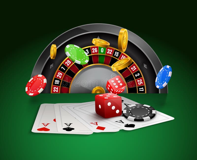 Casino roulette with chips, red dice realistic gambling poster banner. Casino vegas fortune roulette wheel design flyer