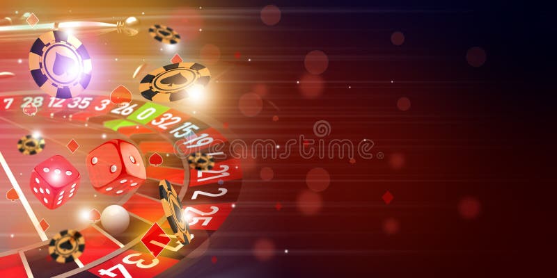 Casino Roulette theme background illustration with roulette wheel, flying casino chips and dice