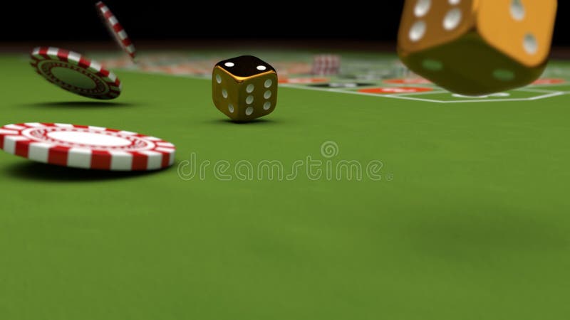 Casino theme, playing chips and gold dices on a gaming table, 3d illustration